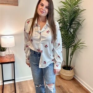 Rose Print Satin Button-up Blouse